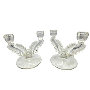 Vintage Glass Candlestick Holders Set of 2 Floral Cut Candelabra